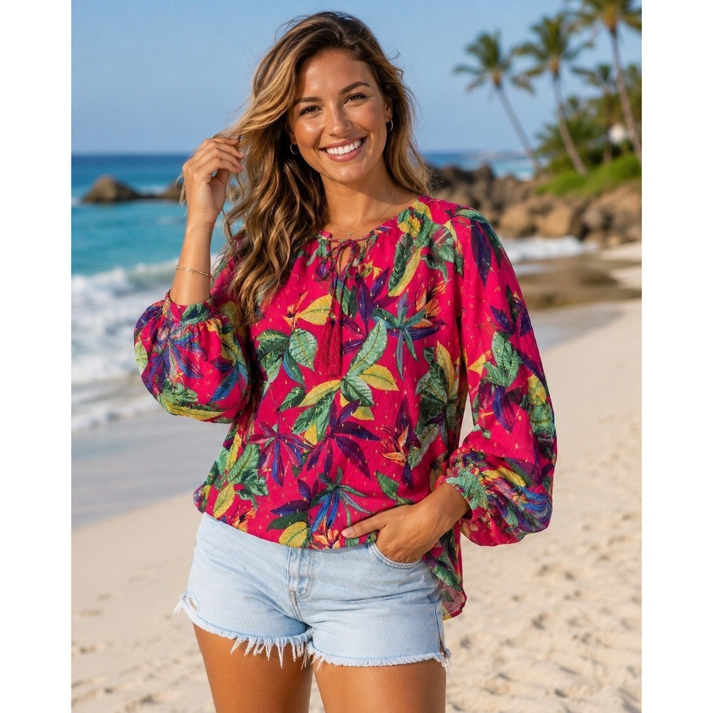 CHICO'S Pink Tropical Tassle Tie Blouse Gold Fleck Boho Medium -3120
